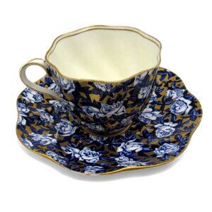 Rare COALPORT TEACUP Saucer Cobalt Blue And Gold Floral Chintz Scalloped Edges